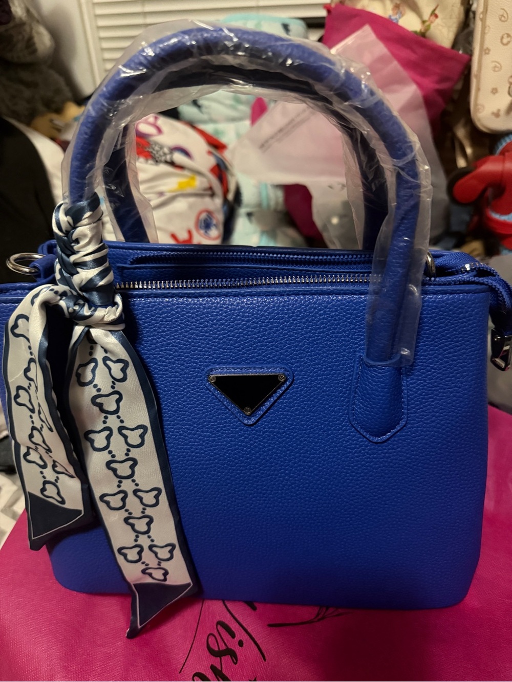 Blue Structured Top-Handle Satchel with Scarf Accent